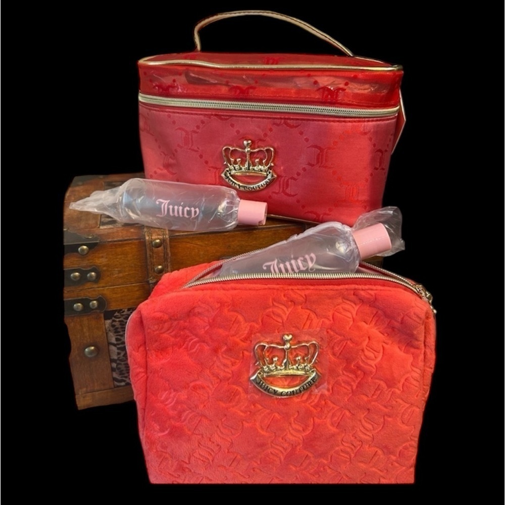 ❤️Juicy Couture Red 2 piece Cosmetic Bag Set with empty toiletry bottles❤️NWT